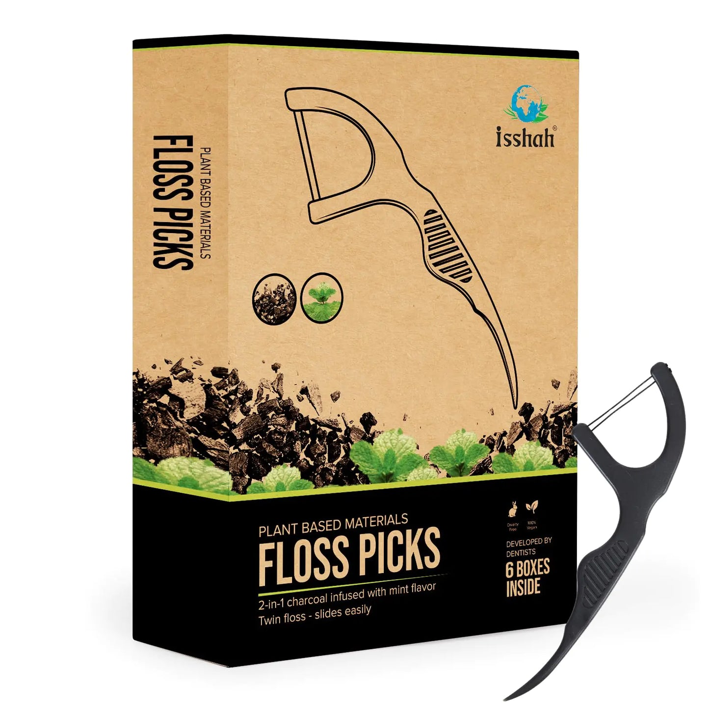 Natural Dental Floss Picks (300 Count) / Plant Based, PETA Approved