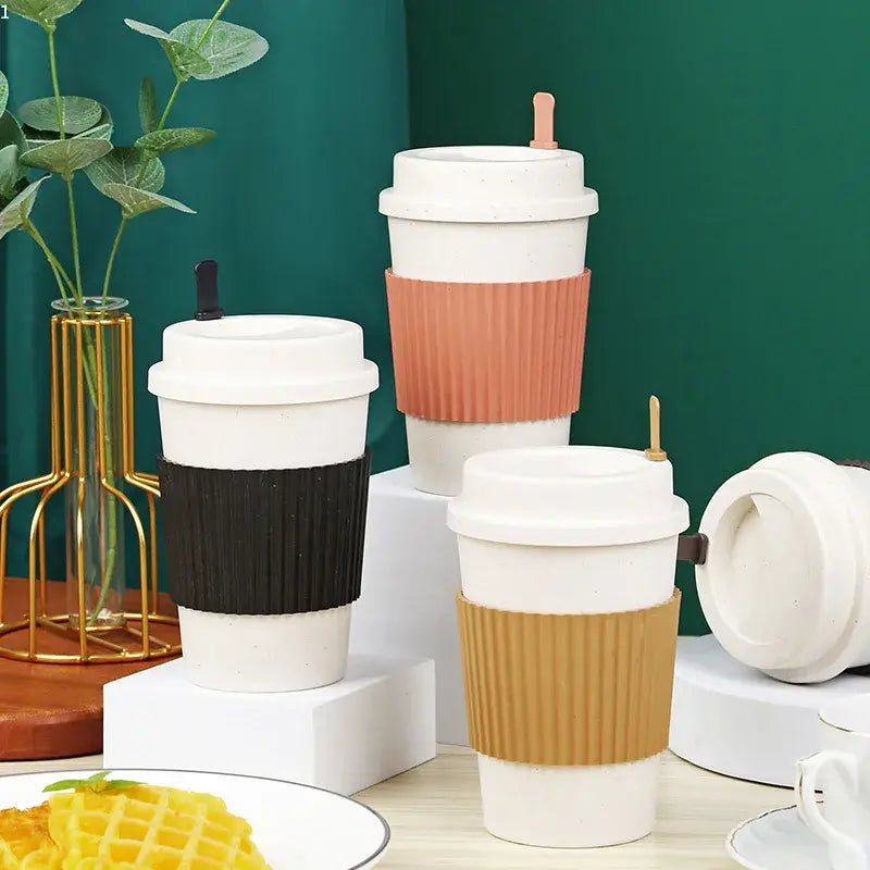 Reusable Coffee Cups with Lids Wheat Straw Portable Coffee Cup Dishwasher Safe Eco Friendly Coffee Mug Coffee Tea Espresso Cups